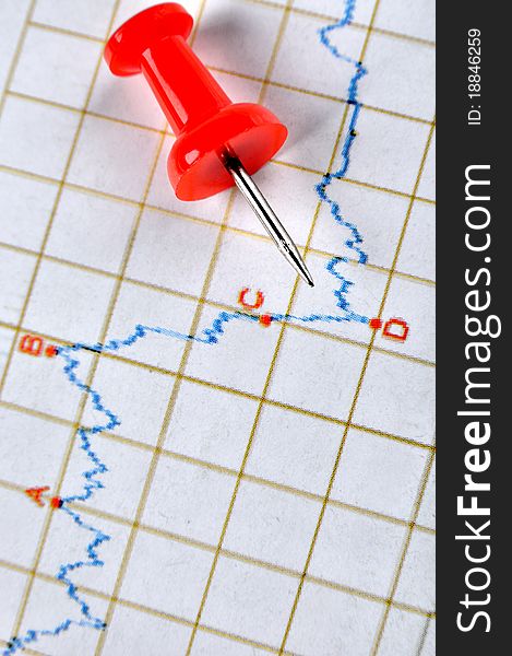 Fluctuant curve and a red drawing pin, shown as analysis for business or engineering changing status, with some key point marked. Fluctuant curve and a red drawing pin, shown as analysis for business or engineering changing status, with some key point marked.