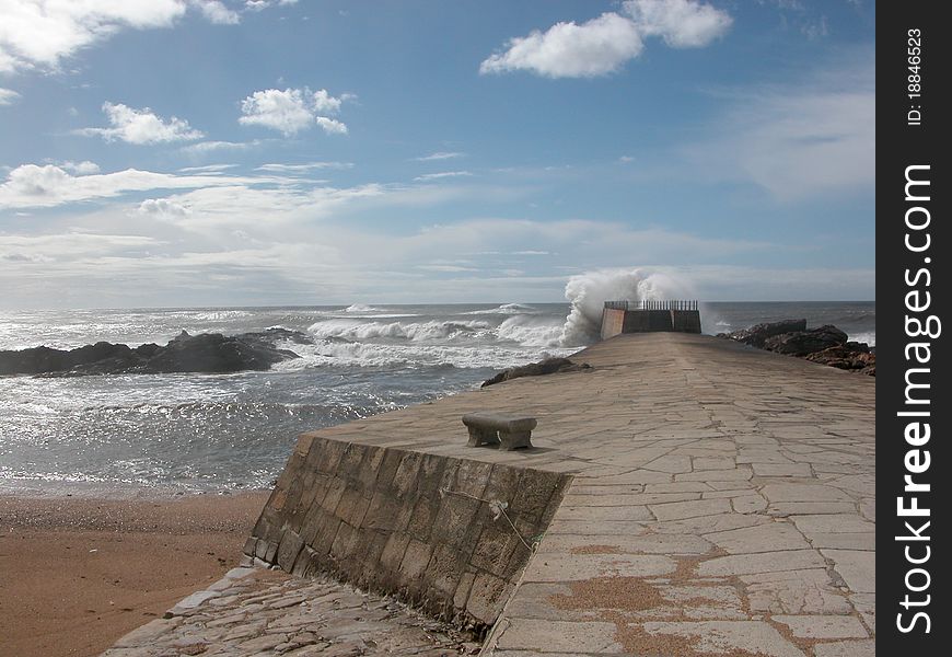 Waves crashing on coast near Oporto, Portugal