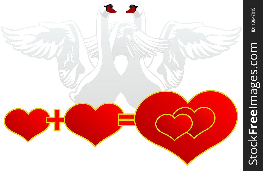 Mathematical equation and the solution of two hearts on the background of two white swans. Mathematical equation and the solution of two hearts on the background of two white swans