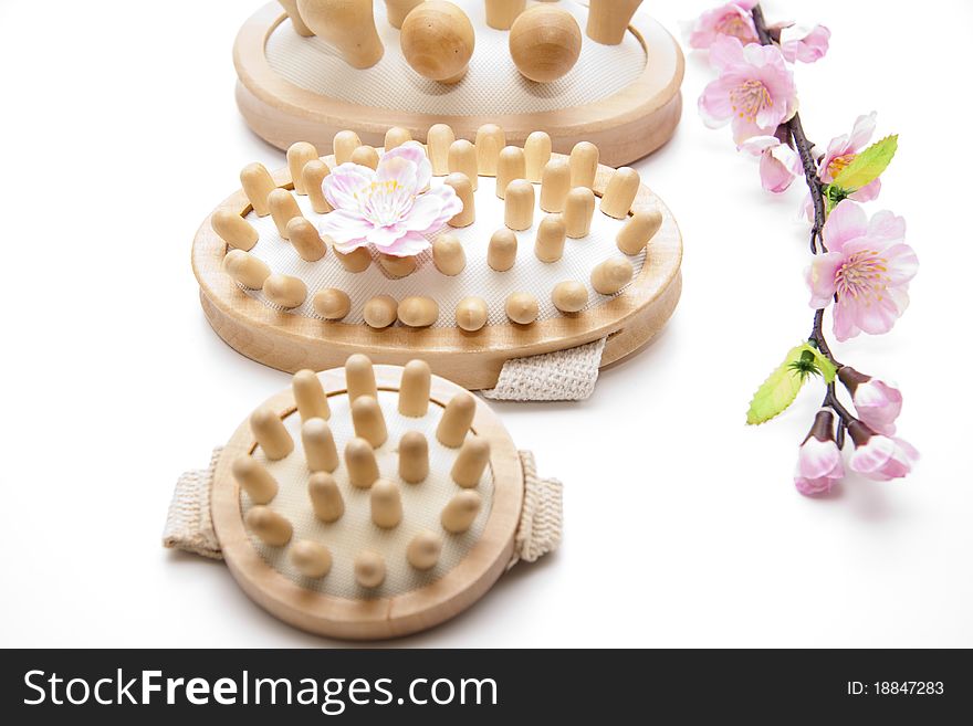 Different massage brushes with flowering branch