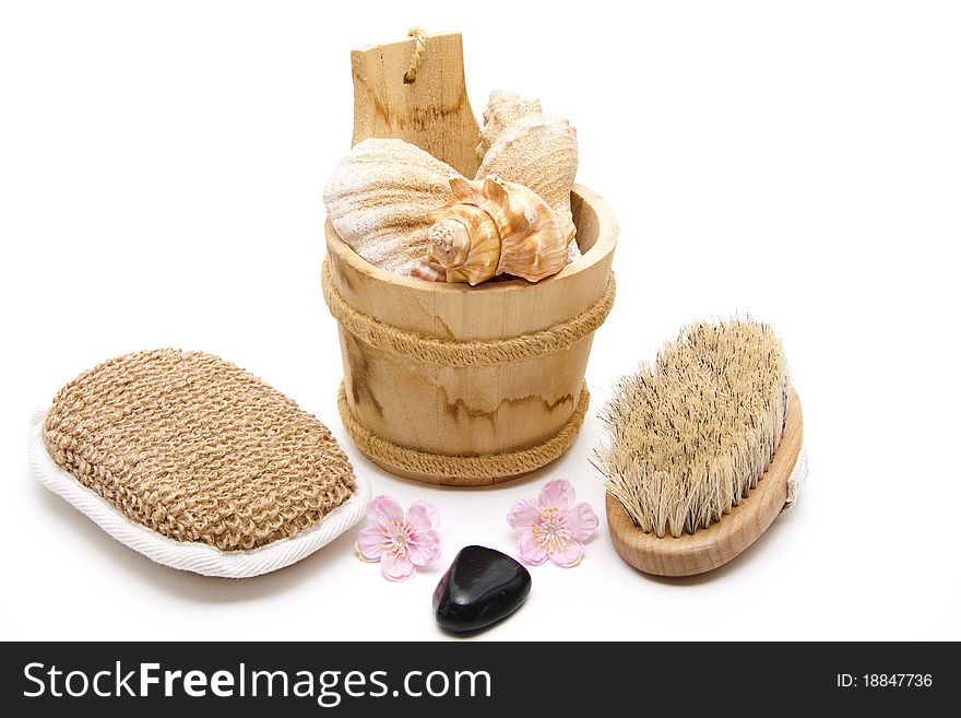 Massage brush and sponge with receptacle full mussel