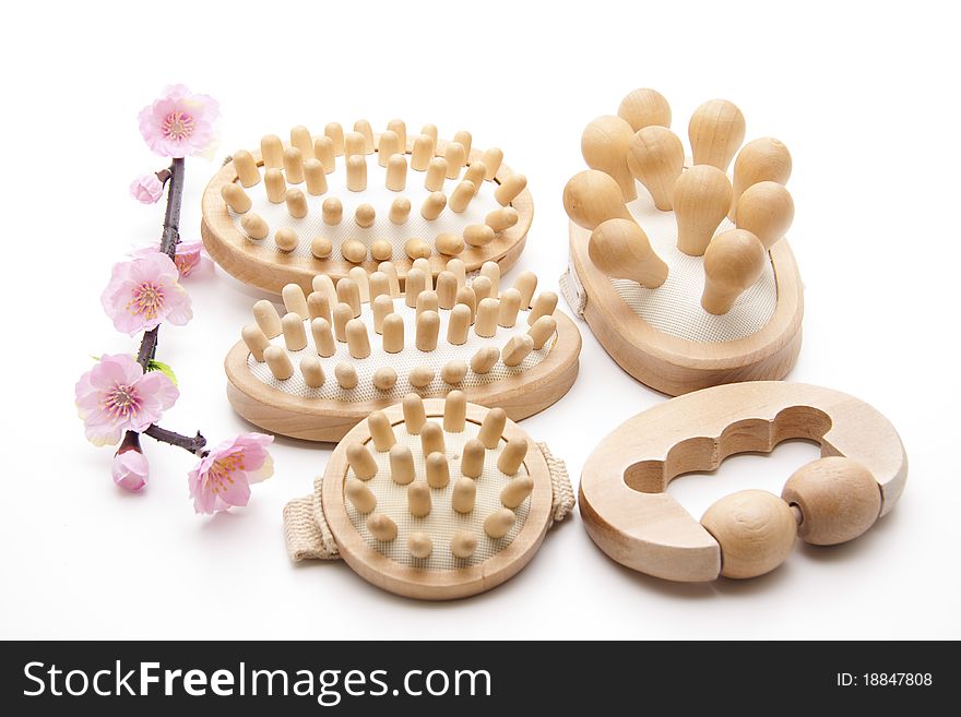 Different massage brushes with flowering branch