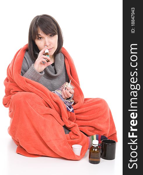 Young adult sick woman. over white background