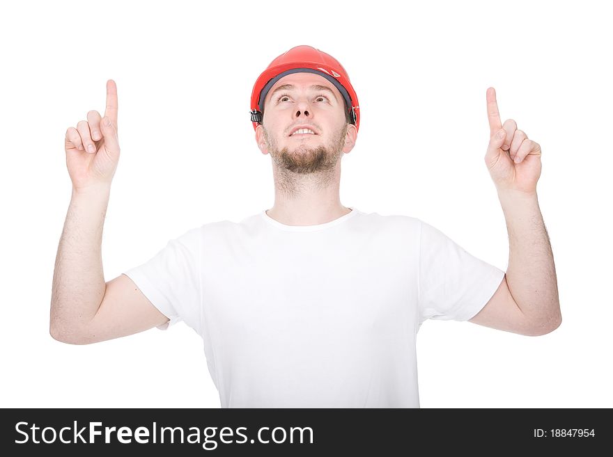 Young adult worker over white background