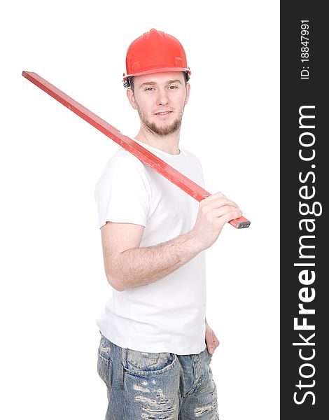 Young adult worker over white background