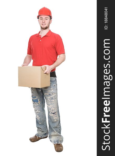 Young adult worker over white background