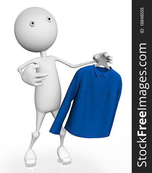 3d man trying on a new shirt, a white background.