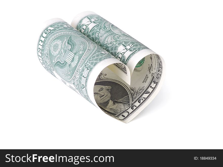 One dollar heart shape isolated