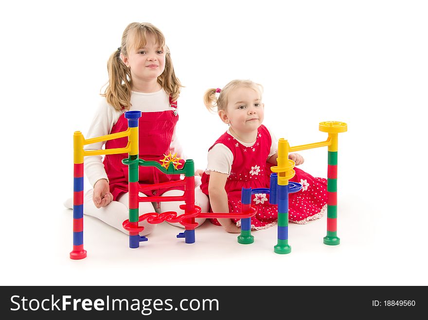 Children with toy,on white background.