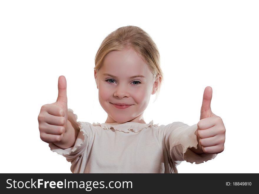 Portrait of girl giving thumbs up isolated on white. Portrait of girl giving thumbs up isolated on white