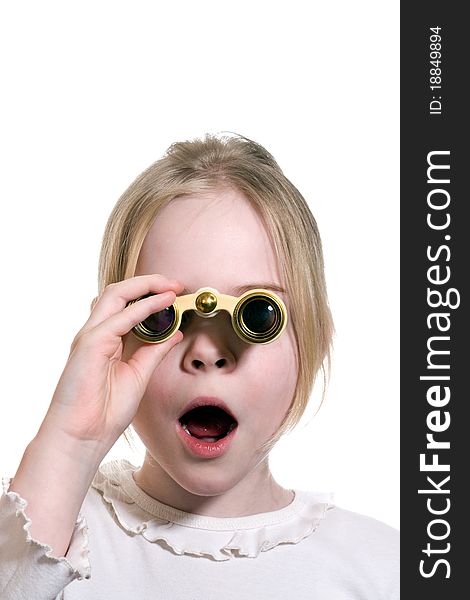 Little girl with binoculars isolated on white background