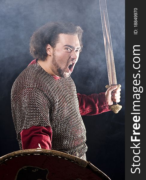 Medieval viking warrior studio shot