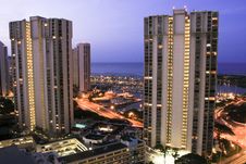 Hotel Towers At Dusk, Ala Moana, Hawaii. Stock Photo