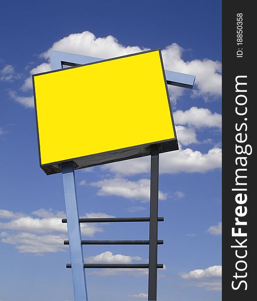 Store advertising sign in yellow over cloudy sky, isolated with clipping path. Store advertising sign in yellow over cloudy sky, isolated with clipping path