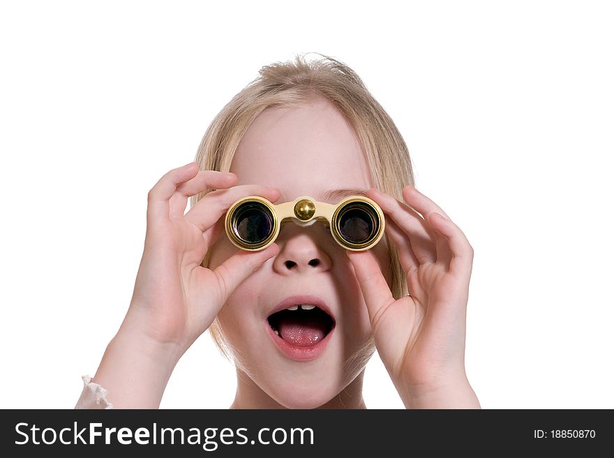 Little girl with binoculars isolated on white background