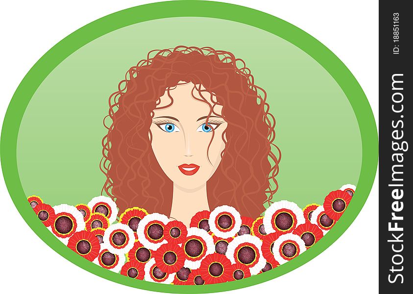 A curly woman is in flowers