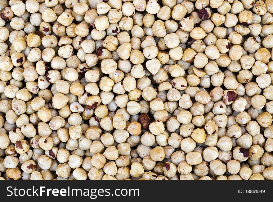 Bunch of peeled and salted hazelnuts in the market