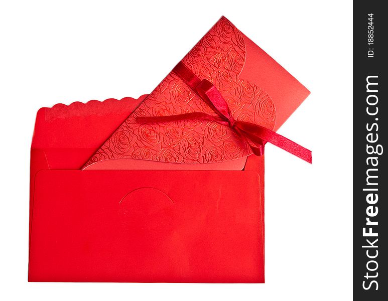 Red marriage invited and envelope with tied red ribbon. Red marriage invited and envelope with tied red ribbon.