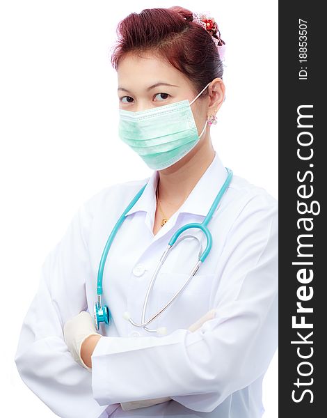 Doctor wearing medical mask on white background. Doctor wearing medical mask on white background