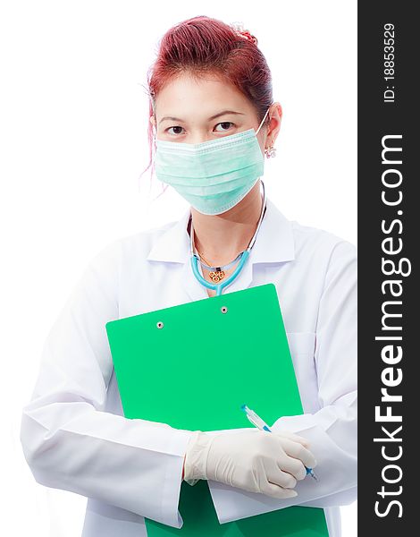 Doctor wearing medical mask on white background. Doctor wearing medical mask on white background