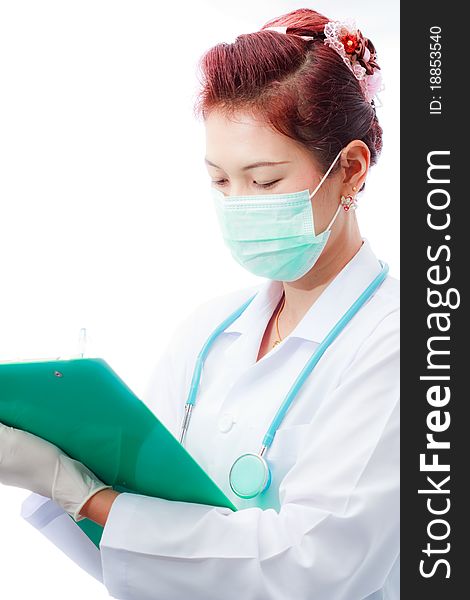 Doctor wearing medical mask on white background. Doctor wearing medical mask on white background