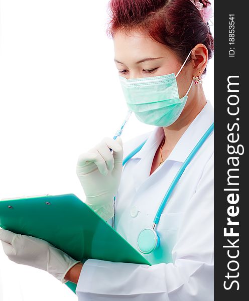 Doctor wearing medical mask on white background. Doctor wearing medical mask on white background