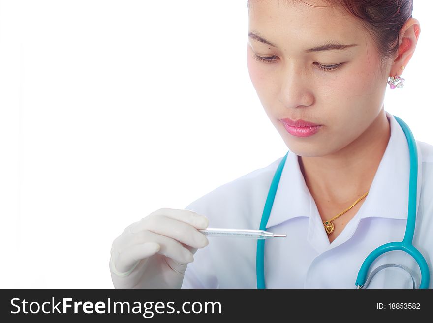 Doctor reading thermometer on white background