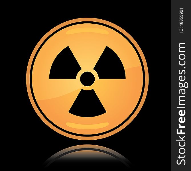 Yellow round icon radiation hazard sign with reflection over black. Yellow round icon radiation hazard sign with reflection over black
