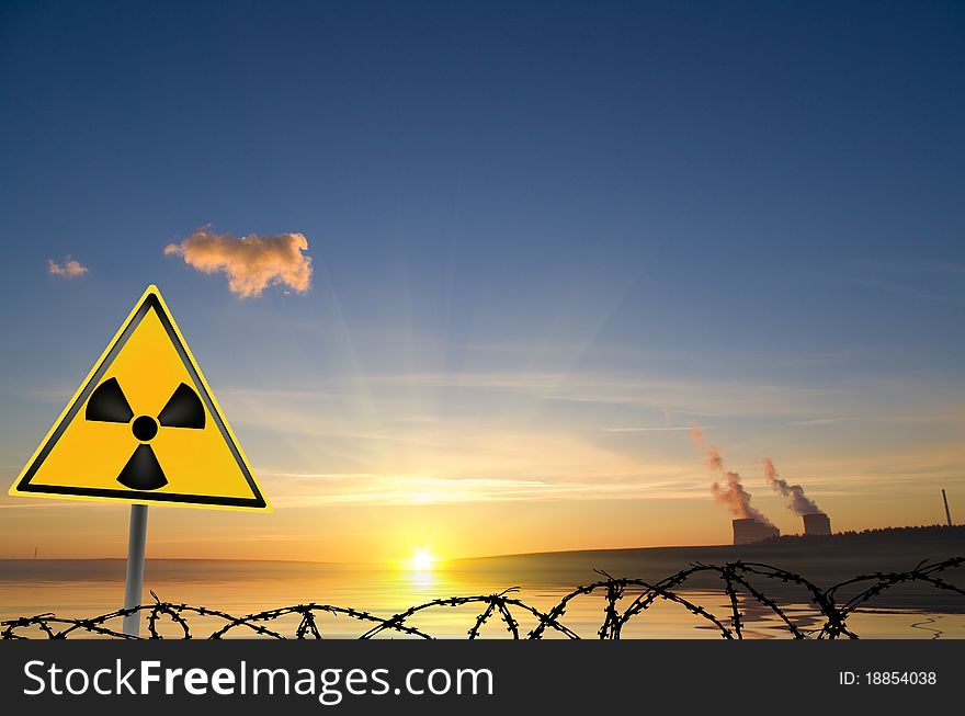 Sign on radiating danger against nuclear station