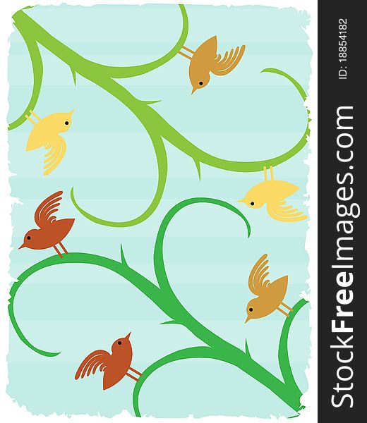 Multiple cartoon simple birds standing on green stalks editable  illustration. Multiple cartoon simple birds standing on green stalks editable  illustration