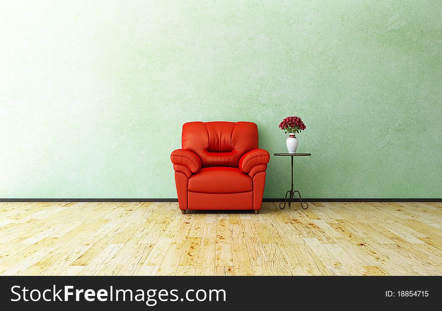 Framed render of red armchair and red roses in vase. Framed render of red armchair and red roses in vase