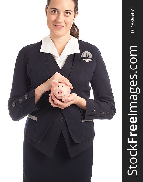 Beauty businesswoman holding a piggy bank. Beauty businesswoman holding a piggy bank