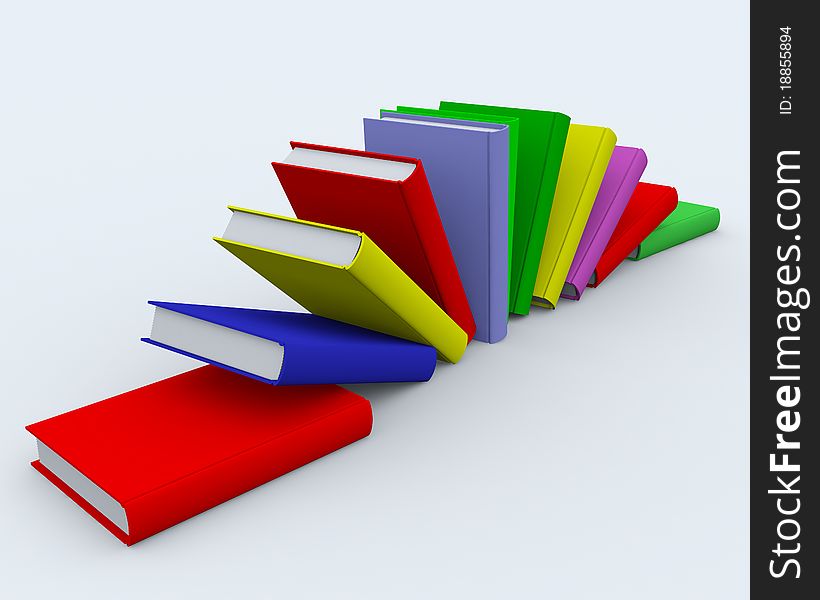 Colored books on white surface. 3D image.