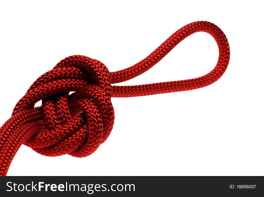 Apocryphal knot on double red rope with loop on the end. isolated on white background