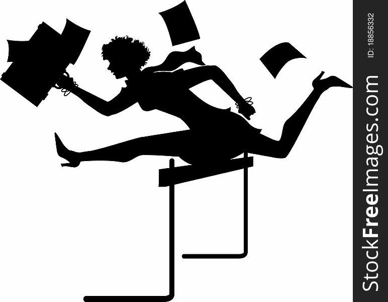 Silhouette graphic illustration depicting a businesswoman jumping over a hurdle. Silhouette graphic illustration depicting a businesswoman jumping over a hurdle