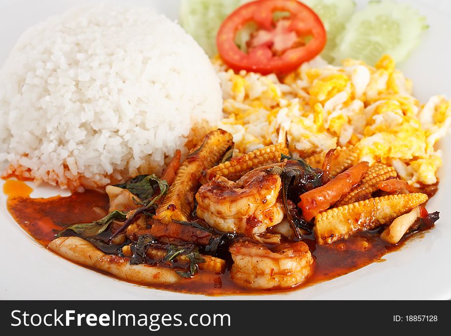 Prawns fried with vegetables in Thai style. Prawns fried with vegetables in Thai style