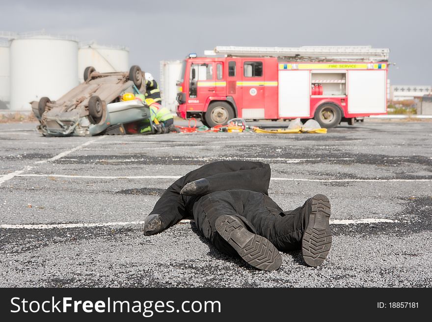 Fire and Rescue Imergency Units at car crash training. Fire and Rescue Imergency Units at car crash training