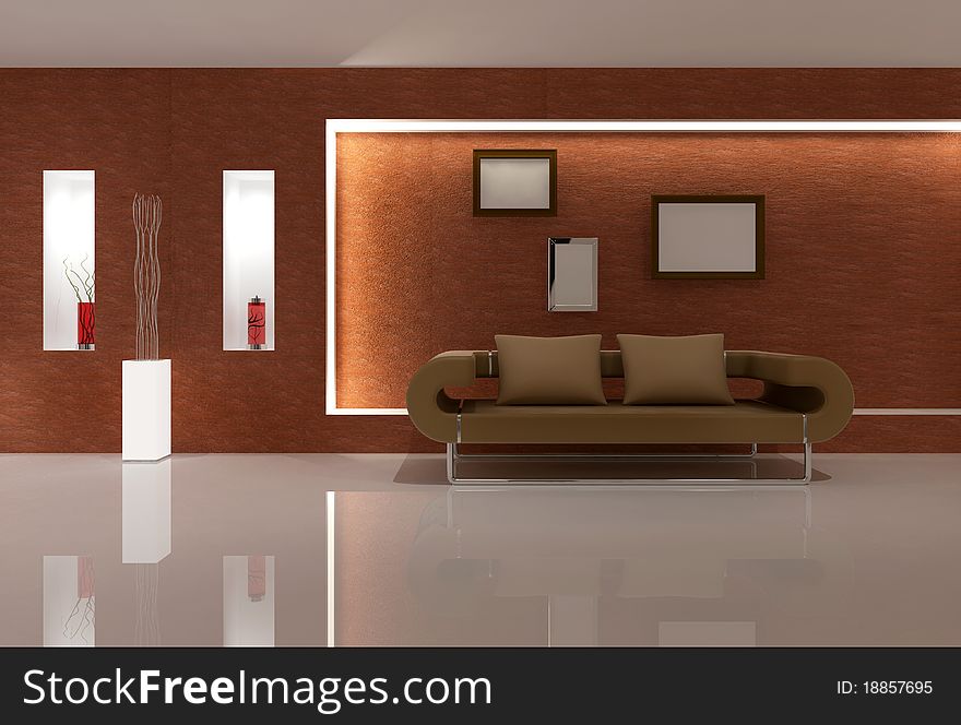 Brown Sofa in Living Room 3D Rendering