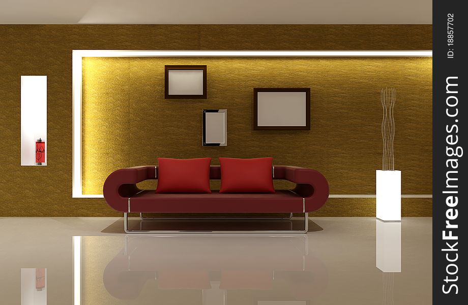 Red Sofa in Living Room 3D Rendering