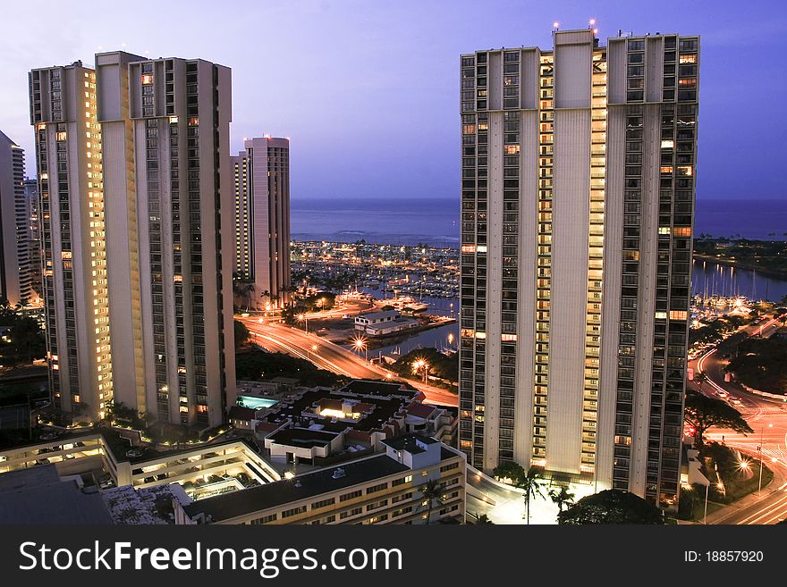 Hotel Towers at dusk, Ala Moana, Hawaii.