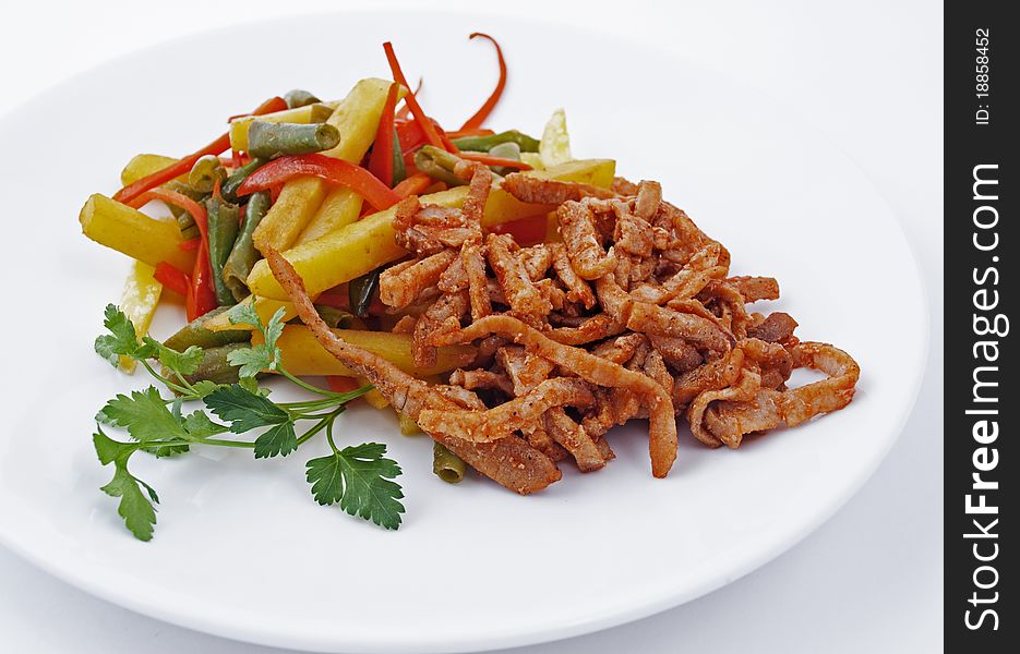 Photo of meat with a mushrooms on plate