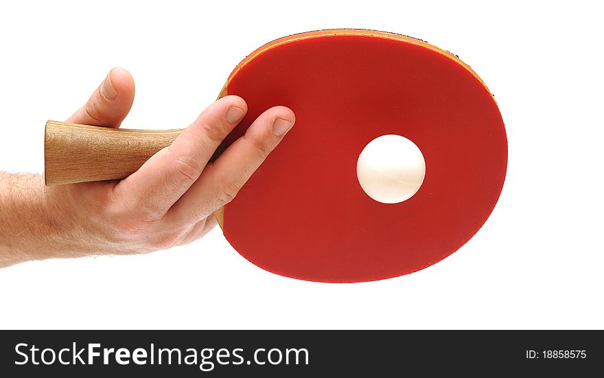 Hand holding table tennis bat balancing the ball on white