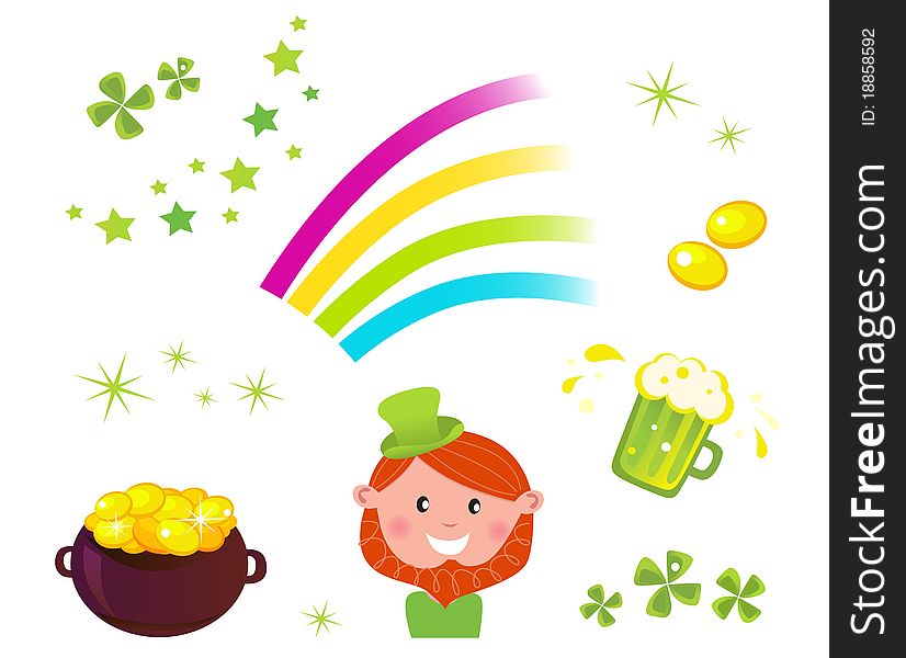 Icons set of St. Patrick's Day design elements - cauldron with coins, four leaf clovers, green beer, rainbow and Leprechaun. Icons set of St. Patrick's Day design elements - cauldron with coins, four leaf clovers, green beer, rainbow and Leprechaun.