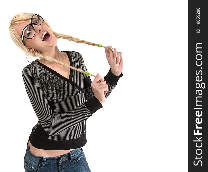 Happy and smart young blond woman with funny glasses and plait looks like nerdy girl. Smiling and looking at camera, humor style on white background. Happy and smart young blond woman with funny glasses and plait looks like nerdy girl. Smiling and looking at camera, humor style on white background.