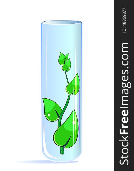 Glass realistic test-tube with green sprout or twig. Glass realistic test-tube with green sprout or twig