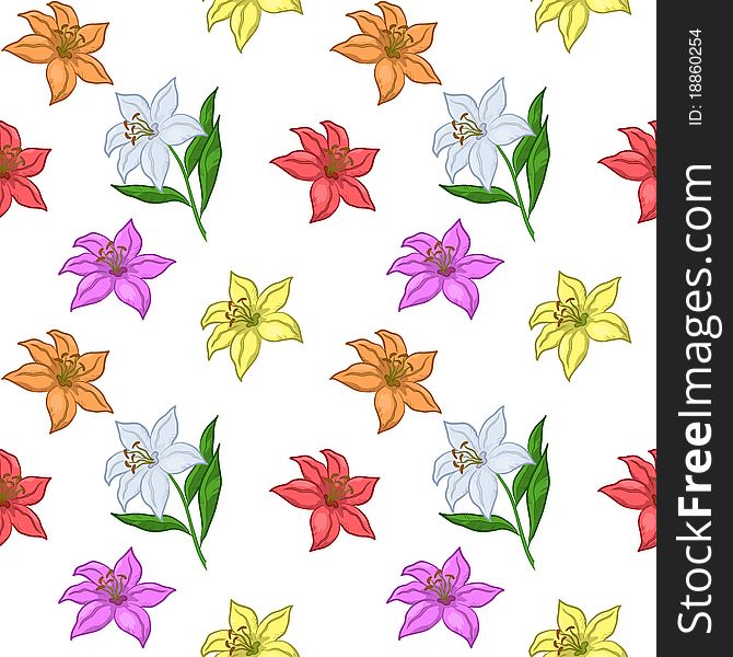 Vector floral seamless background, various flowers lily on the white. Vector floral seamless background, various flowers lily on the white