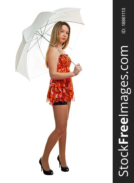Young girl with a umbrella on white background. Isolation