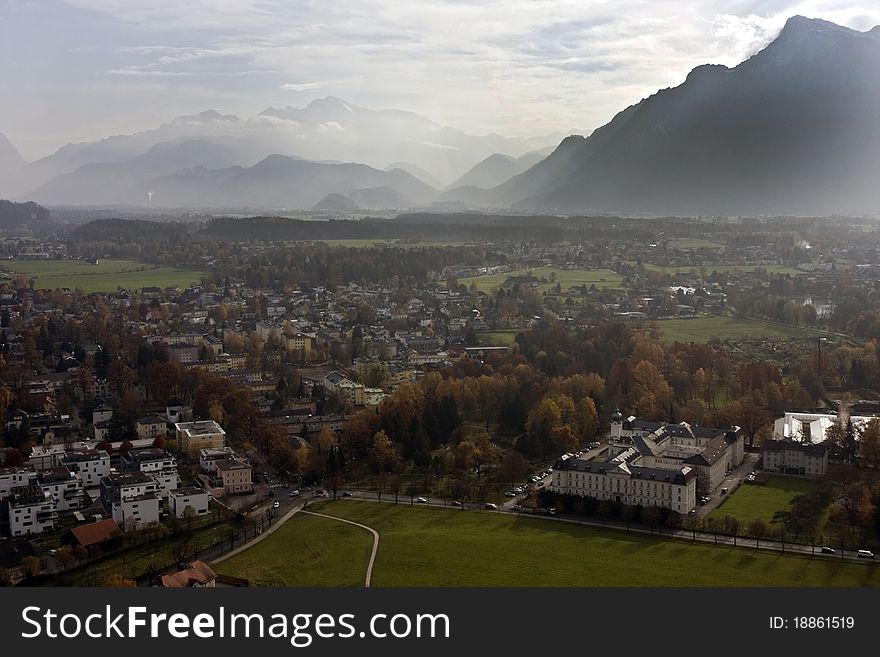 View to Salzburg and the mountains around. View to Salzburg and the mountains around