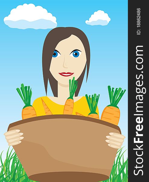 Girl with a big basket of carrots. Girl with a big basket of carrots