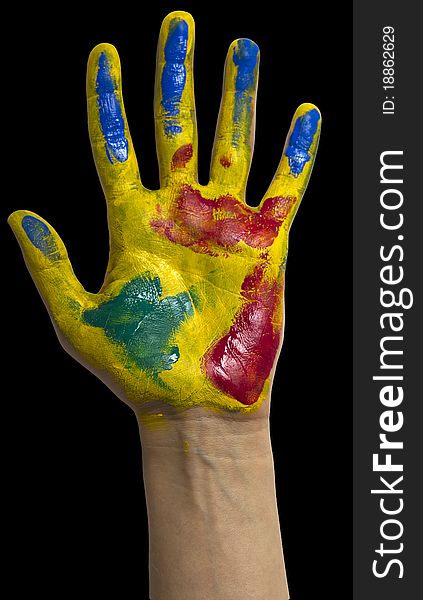 Painted hand. Black background